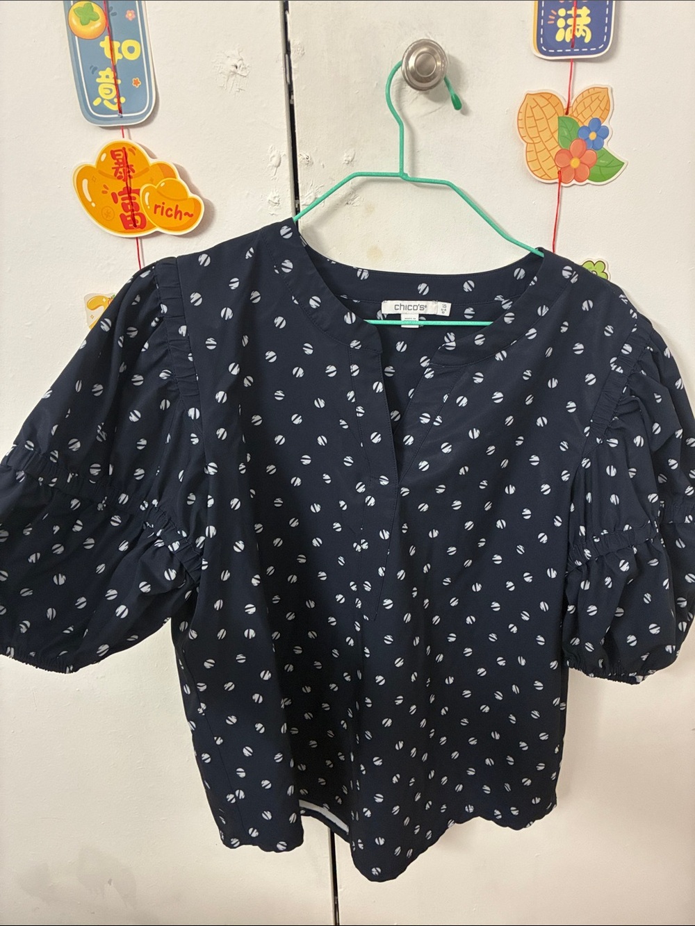 chic Navy Polka Dot Puff Sleeve Top for Women